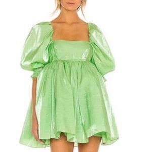 Selkie Babydoll Green Puff Sleeve Mini Dress